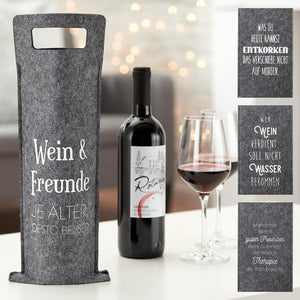 KAMACA 4er Set Flaschentaschen Geschenktüten für Wein aus Filz Weintasche mit lustigem Spruch Geschenkverpackung Wein Geschenktasche für Weinflaschen (4er Set Filz Wein)