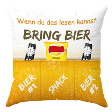 Laden Sie das Bild in den Galerie-Viewer, KAMACA Originelles Dekokissen Kissen mit 3 Taschen zum selbst Befüllen und Spruch Größe 43x43 cm tolles Geschenk für Anlässe wie z.B. Geburtstag (Bierkissen A)
