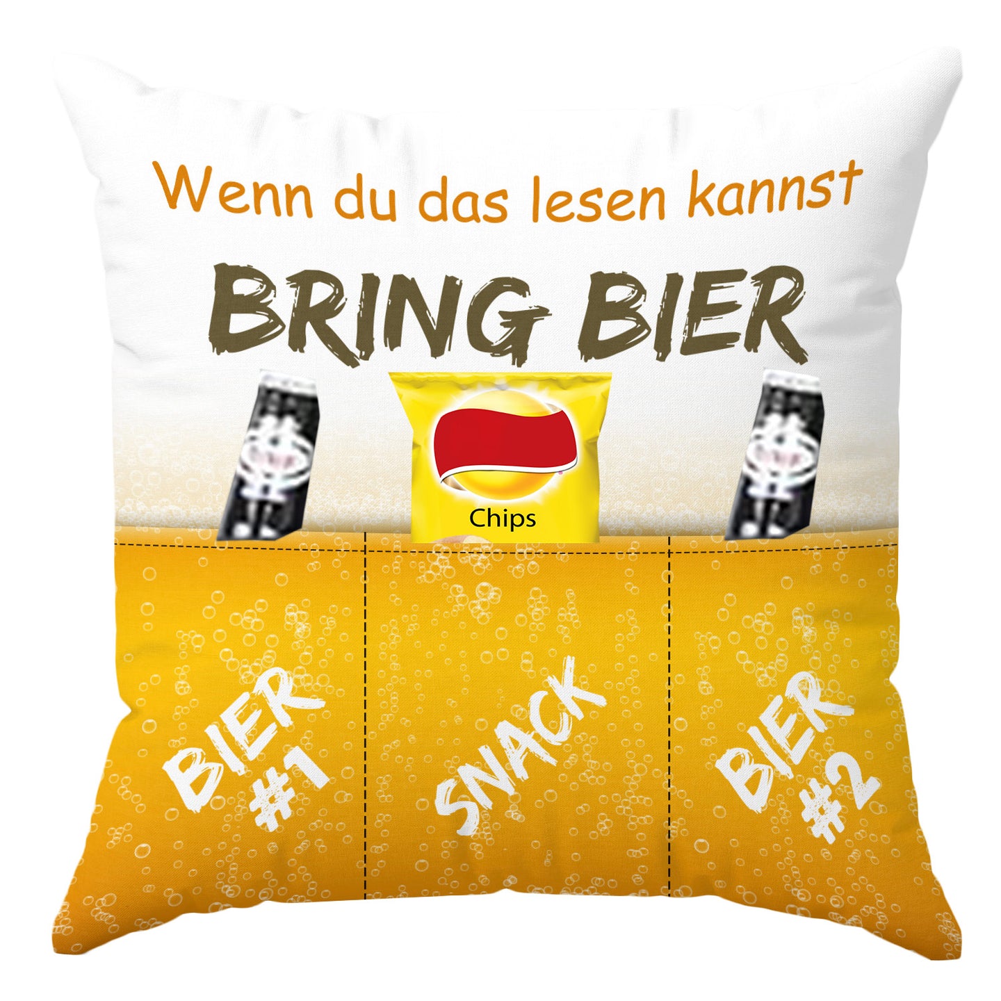 KAMACA Originelles Dekokissen Kissen mit 3 Taschen zum selbst Befüllen und Spruch Größe 43x43 cm tolles Geschenk für Anlässe wie z.B. Geburtstag (Bierkissen A)