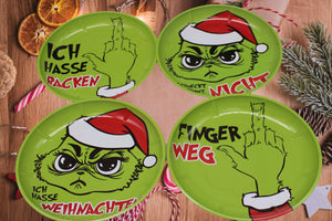 KAMACA 4er SET Weihnachtsteller Keksteller aus Metall Weihnachts- oder Nikolaus- Teller für Kekse, Gebäck, Stollen und Süßes (4er Set Gebäckteller Weihnachts-Muffel GRÜN)