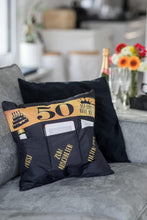 Laden Sie das Bild in den Galerie-Viewer, Dekokissen 50. GEBURTSTAG Kissen mit 3 Taschen zum selber Befüllen Größe 43x43 cm tolles Geschenk zum Geburtstag
