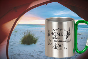 KAMACA Edelstahl Thermobecher Camping Tasse 200 ml mit Karabiner-Henkel Metall-Becher für  Camping & Outdoor Wandern Trekking Campen Silber (Home is where we are…)