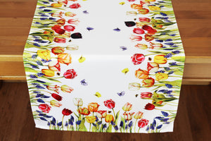 Tischläufer 40x140 cm TULPEN UND SCHMETTERLINGE Druck-Motiv mit Blumen Frühling Sommer