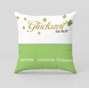 KAMACA Originelles Dekokissen Kissen mit 3 Taschen zum selbst Befüllen und Spruch Größe 43x43 cm tolles Geschenk für Anlässe wie z.B. Geburtstag (Glückszeit A)