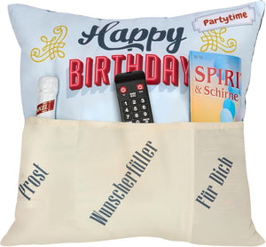 Originelles Dekokissen Wendekissen HAPPY BIRTHDAY + HANGOVER Kissen mit 3 Taschen zum selber Befüllen Größe 43x43 cm tolles Geschenk Geburtstag