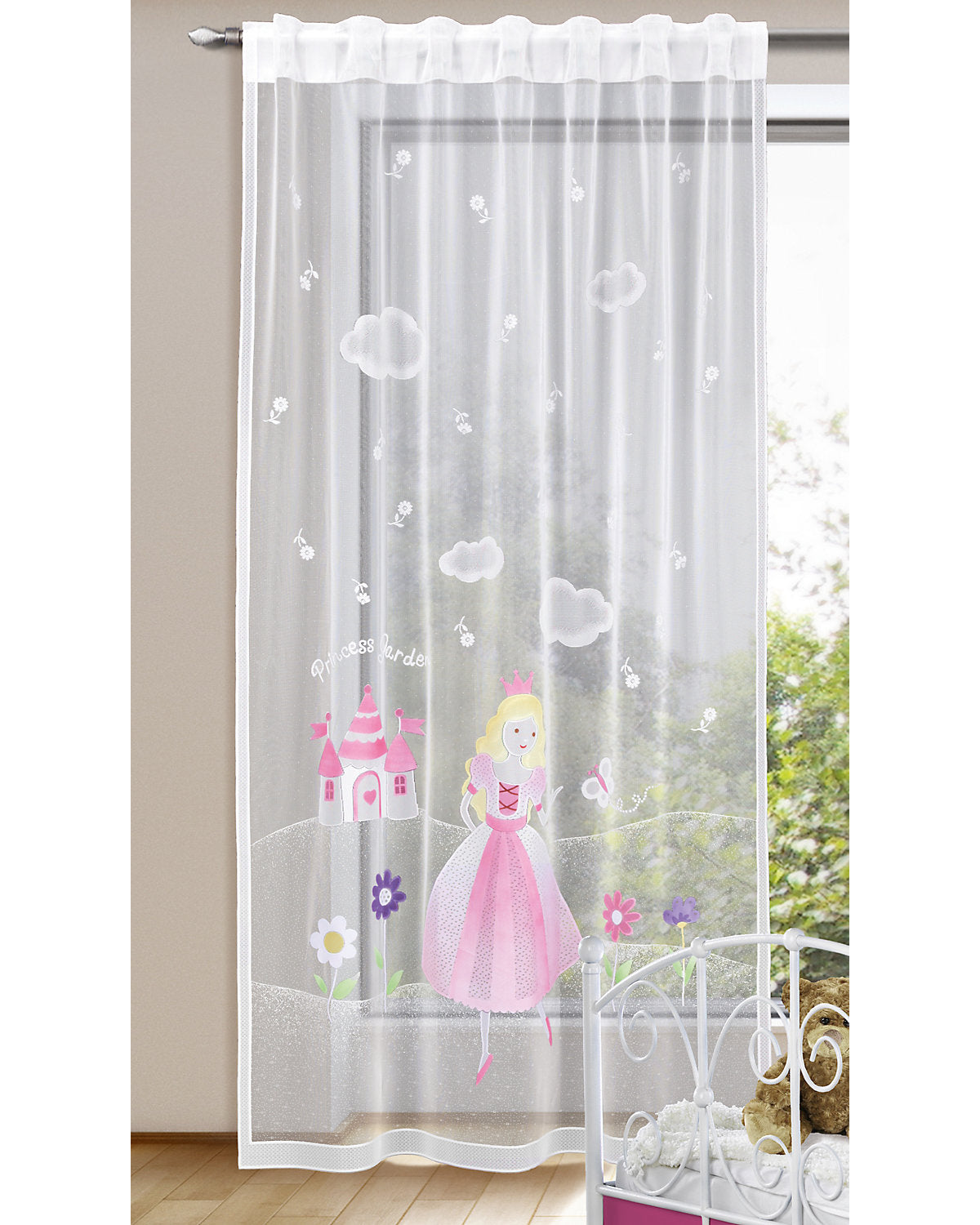 Gardine PRINZESSIN mit verdeckten Schlaufen und Gardinenband Kinderzimmer Voile Weiss transparent Fertiggardine mit wundervollem Motiv Kindergardine HxB 245 x 140 cm