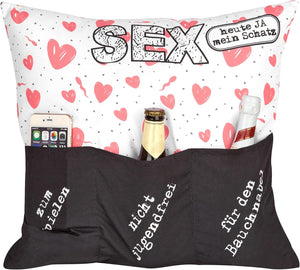 Originelles Dekokissen Wendekissen Sex + Migräne Kissen mit 3 Taschen zum selber Befüllen Größe 43x43 cm tolles Geschenk