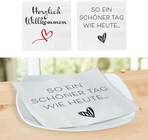 KAMACA 80 Servietten Papierservietten Spruch „Herzlich Willkommen" und „So ein schöner Tag wie heute.." stillvolle Tischdeko Feier Fest Weihnachten