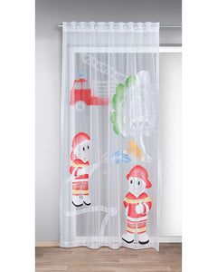 Gardine FEUERWEHR mit verdeckten Schlaufen und Gardinenband Kinderzimmer Voile Weiss transparent Fertiggardine mit wundervollem Motiv Kindergardine HxB 245 x 140 cm