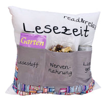 Laden Sie das Bild in den Galerie-Viewer, Originelles Dekokissen LESEKISSEN Kissen mit 3 Taschen zum selber Befüllen Größe 43x43 cm tolles Geschenk für ein gelungen Sofaabend Filmabend Öko Tex

