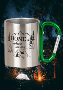 KAMACA Edelstahl Thermobecher Camping Tasse 200 ml mit Karabiner-Henkel Metall-Becher für  Camping & Outdoor Wandern Trekking Campen Silber (Home is where we are…)