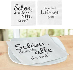 KAMACA 80 Servietten Papierservietten mit Spruch „Für meine Lieblingsgäste" und „Schön, dass ihr alle da seid" stillvolle Tischdeko Feier Fest Geburtstag