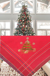 Tischdecke 85x85 cm WEIHNACHTSBAUM in rot kariert mit bezaubernder Stickerei in gold und grün - ein Eyecatcher in Herbst Winter Weihnachten