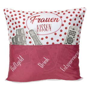 KAMACA Originelles Dekokissen Kissen mit 3 Taschen zum selbst Befüllen und Spruch Größe 43x43 cm tolles Geschenk für Anlässe wie z.B. Geburtstag (Frauenkissen A)