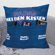 Laden Sie das Bild in den Galerie-Viewer, Originelles Dekokissen PAPAS HELDENKISSEN Kissen mit 3 Taschen zum selber Befüllen Größe 43x43 cm tolles Geschenk für ein gelungen Sofaabend Filmabend Öko Tex
