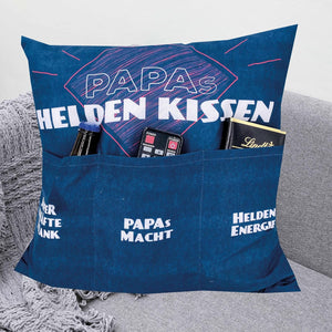 Originelles Dekokissen PAPAS HELDENKISSEN Kissen mit 3 Taschen zum selber Befüllen Größe 43x43 cm tolles Geschenk für ein gelungen Sofaabend Filmabend Öko Tex