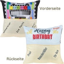 Laden Sie das Bild in den Galerie-Viewer, Originelles Dekokissen Wendekissen HAPPY BIRTHDAY + HANGOVER Kissen mit 3 Taschen zum selber Befüllen Größe 43x43 cm tolles Geschenk Geburtstag
