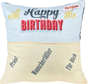 Originelles Dekokissen Wendekissen HAPPY BIRTHDAY + HANGOVER Kissen mit 3 Taschen zum selber Befüllen Größe 43x43 cm tolles Geschenk Geburtstag