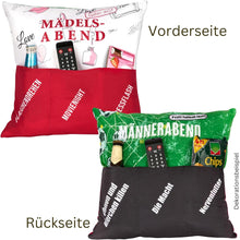 Laden Sie das Bild in den Galerie-Viewer, Dekokissen Wendekissen Mädelsabend + Männerabend Kissen mit 3 Taschen zum selber Befüllen Größe 43x43 cm tolles Geschenk Geburtstag
