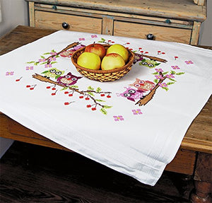 Stickpackung VERLIEBTES EULENPAAR Tischdecke 80x80 cm Kreuzstich vorgezeichnet Baumwolle komplettes Stickset mit Stickvorlage