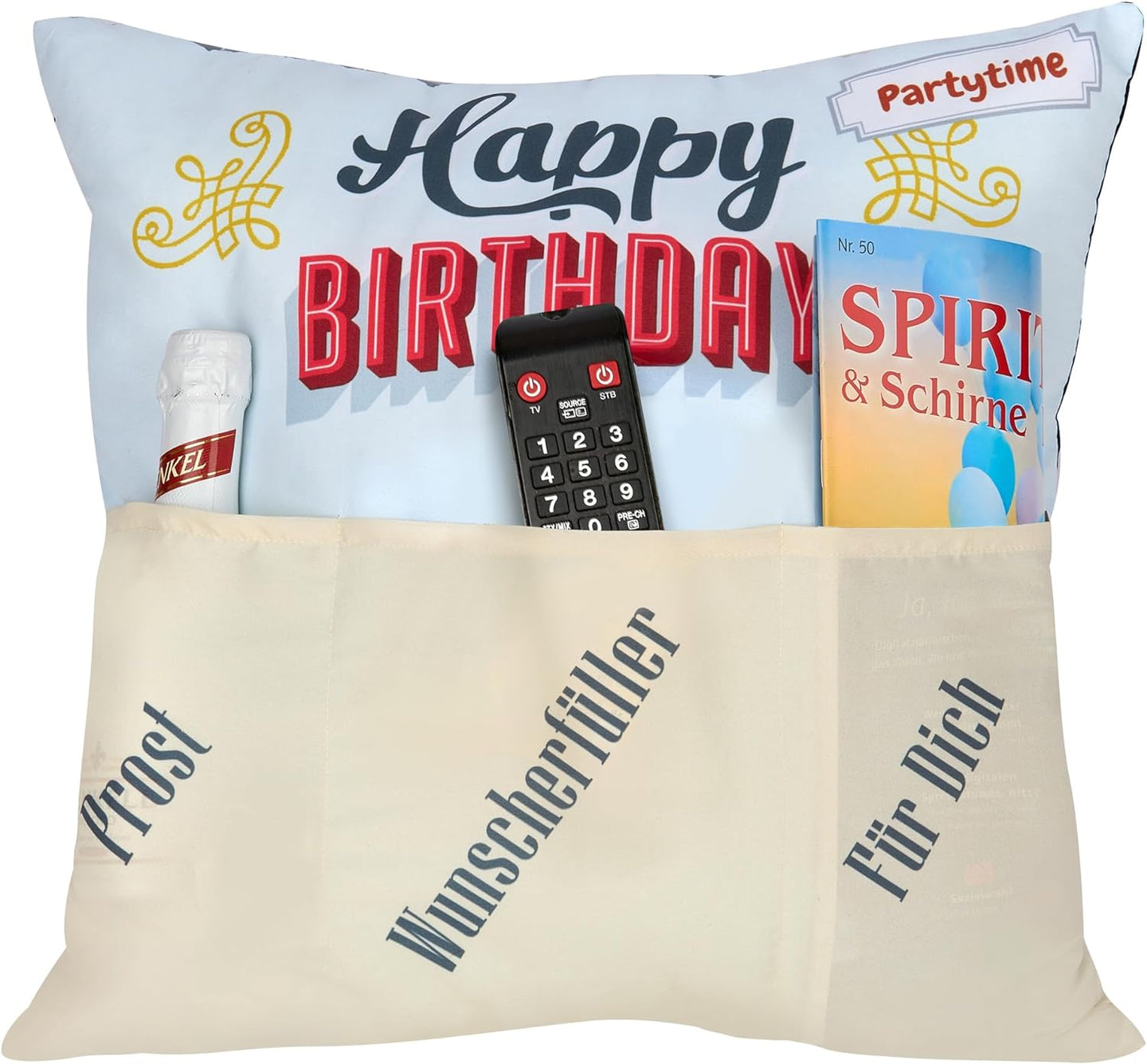 Originelles Dekokissen Wendekissen HAPPY BIRTHDAY + HANGOVER Kissen mit 3 Taschen zum selber Befüllen Größe 43x43 cm tolles Geschenk Geburtstag