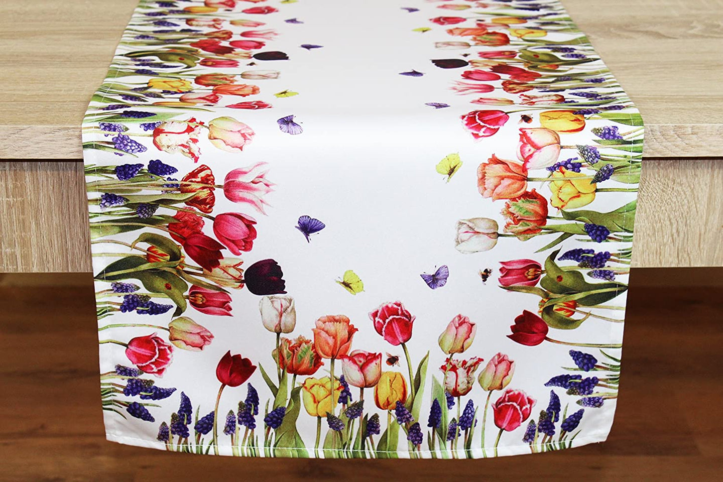 Tischläufer 40x140 cm TULPEN UND SCHMETTERLINGE Druck-Motiv mit Blumen Frühling Sommer