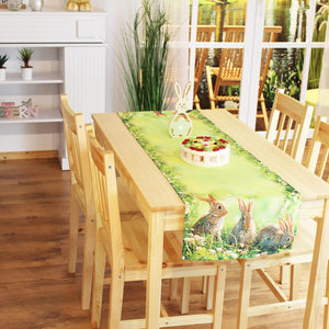 Tischläufer HASEN TRIO Frühling Ostern 40x140 cm Hasen Dekor Bunt Waschbar Küche Esstisch Tisch Dekoration