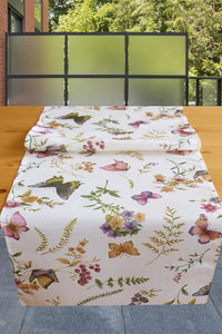 Tischläufer 40x140 cm " SCHMETTERLINGE AUF DER BLUMENWIESE " in creme mit zarten Pastelltönen