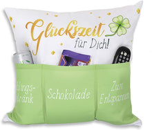 Laden Sie das Bild in den Galerie-Viewer, Originelles Dekokissen GLÜCKSZEIT Kissen mit 3 Taschen zum selber Befüllen Größe 43x43 cm tolles Geschenk für ein gelungen Sofaabend Filmabend Öko Tex
