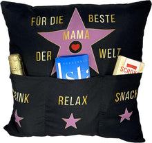 Laden Sie das Bild in den Galerie-Viewer, Dekokissen BESTE MAMA DER WELT Kissen mit 3 Taschen zum selber Befüllen Größe 43x43 cm tolles Geschenk Geburtstag Muttertag
