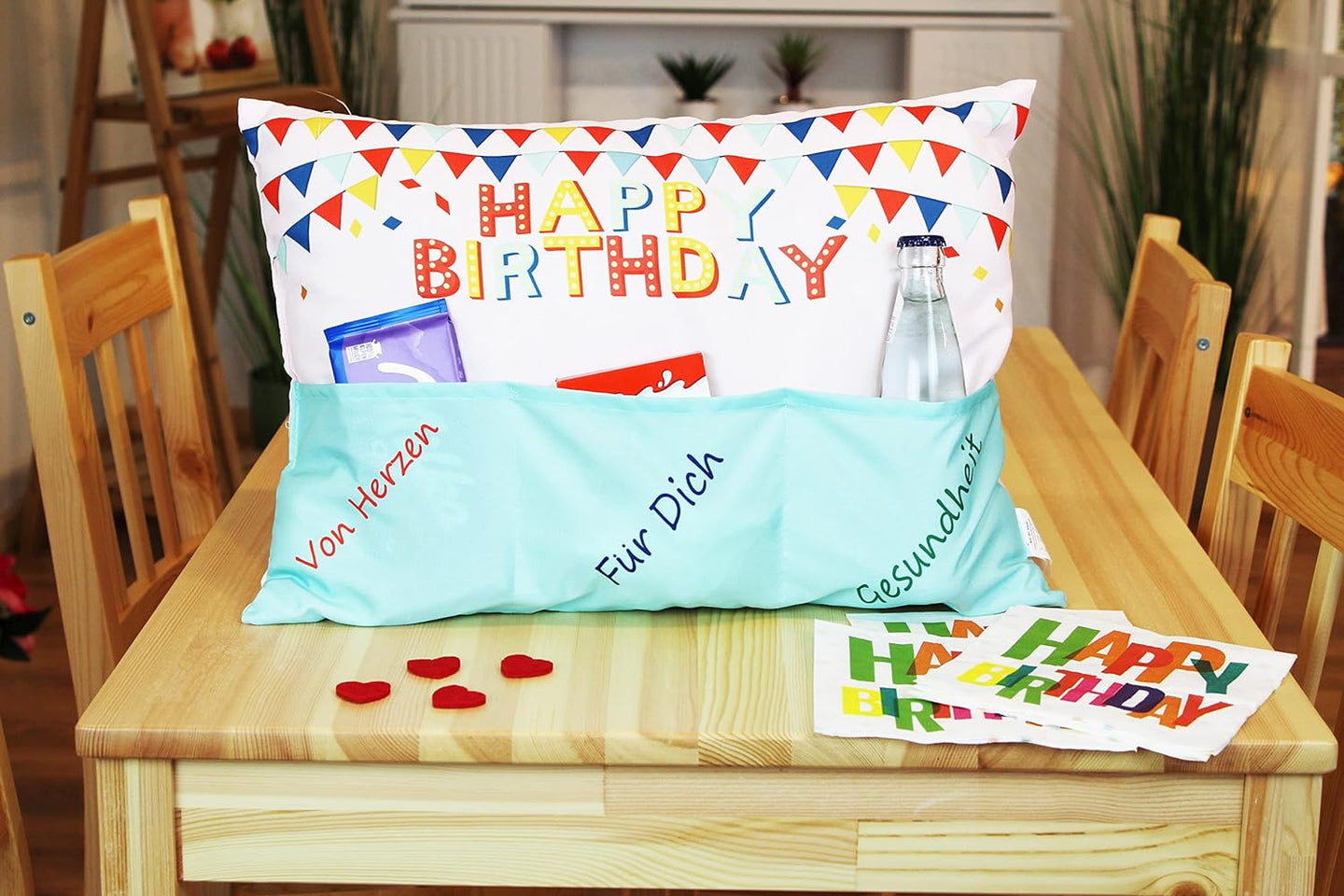 Dekokissen HAPPY BIRTHDAY Kissen mit 3 Taschen zum selber Befüllen Größe 30x50 cm tolles Geschenk zum Geburtstag