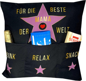 Dekokissen BESTE MAMA DER WELT Kissen mit 3 Taschen zum selber Befüllen Größe 43x43 cm tolles Geschenk Geburtstag Muttertag