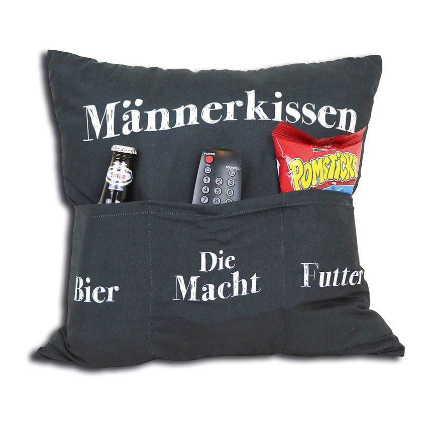 KAMACA Männerkissen Originelles Dekokissen Kissen mit 3 Taschen zum selber Befüllen Größe 43x43 cm tolles Geschenk für ein gelungen Sofaabend Filmabend Öko Tex