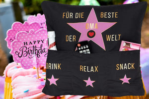 Dekokissen BESTE OMA DER WELT Kissen mit 3 Taschen zum selber Befüllen Größe 43x43 cm tolles Geschenk Geburtstag
