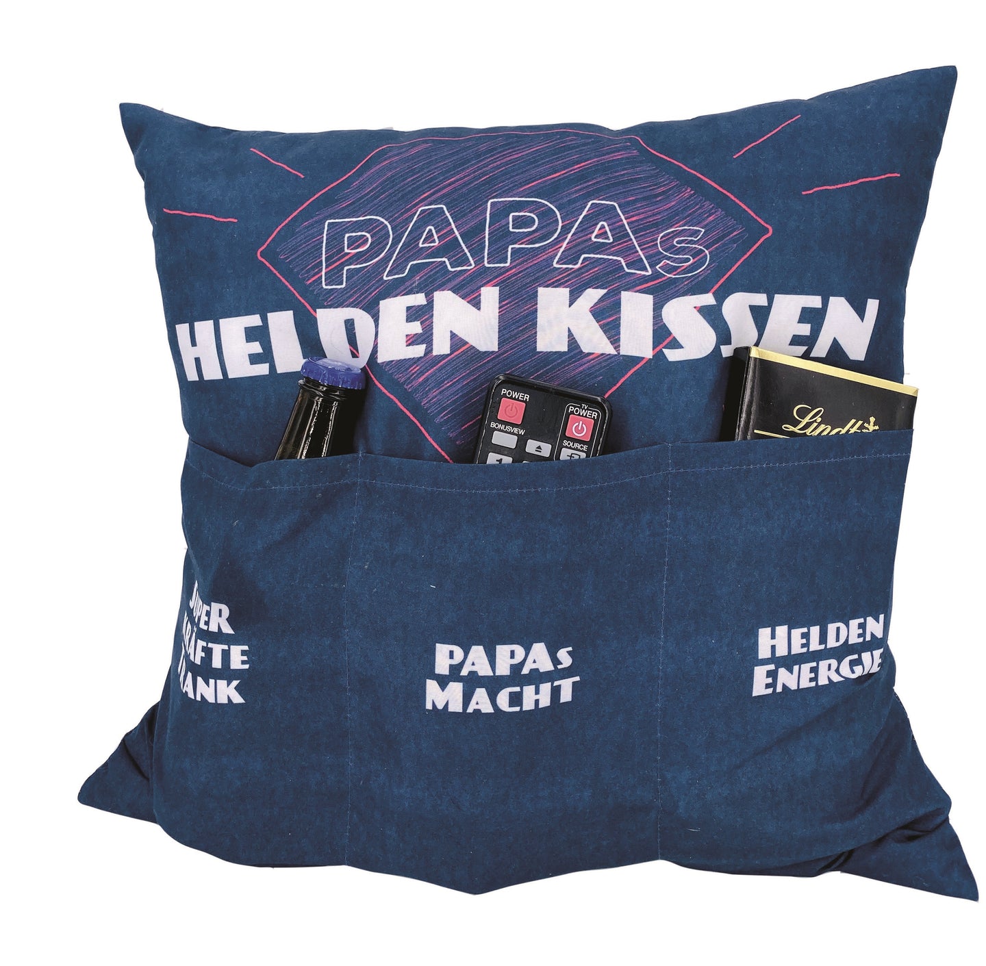 Originelles Dekokissen PAPAS HELDENKISSEN Kissen mit 3 Taschen zum selber Befüllen Größe 43x43 cm tolles Geschenk für ein gelungen Sofaabend Filmabend Öko Tex