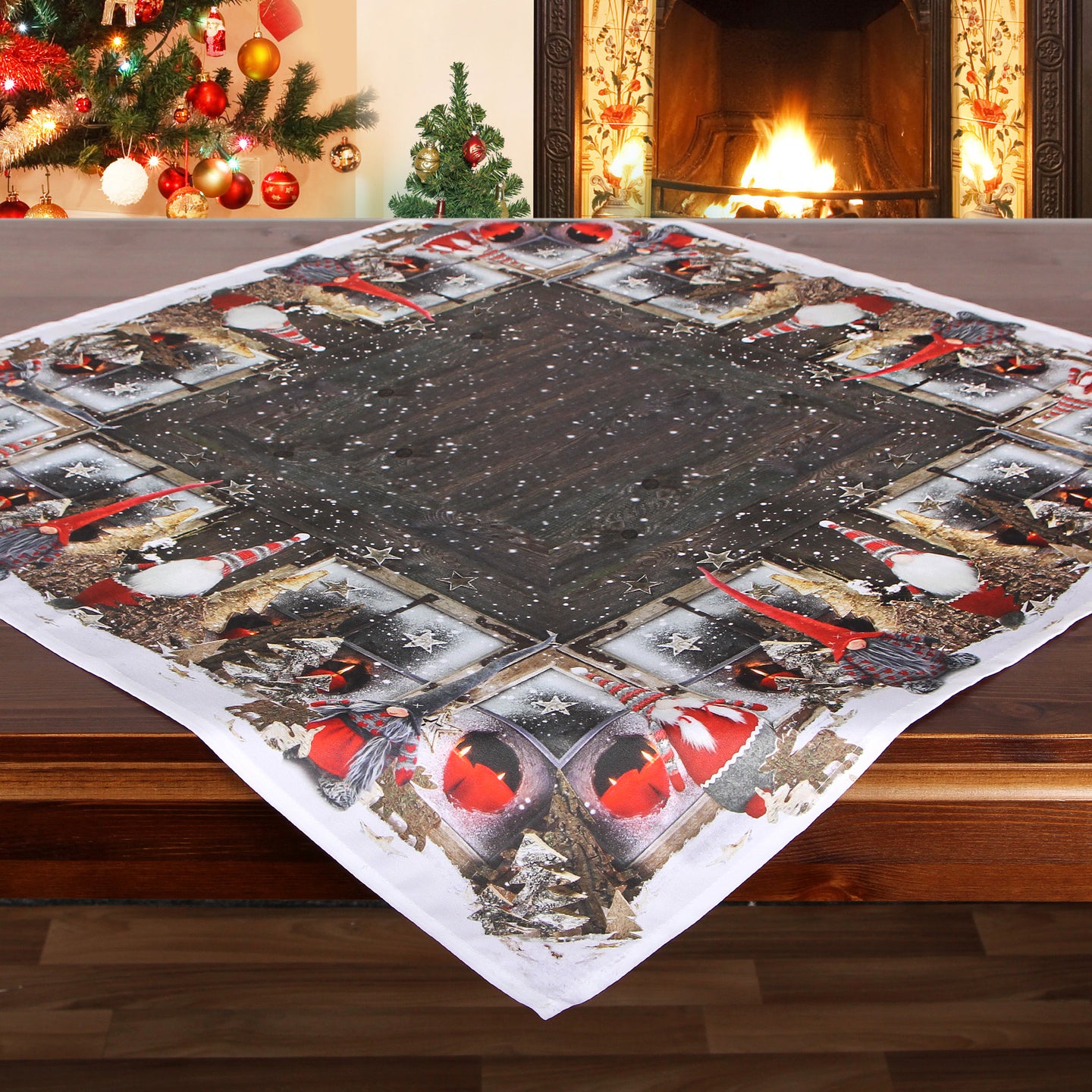 Tischdecke Mitteldecke 85x85 cm WICHTEL hochwertiges Druck-Motiv mit weihnachtlichen Motiven ein Schmuckstück zu Winter Advent Weihnachten