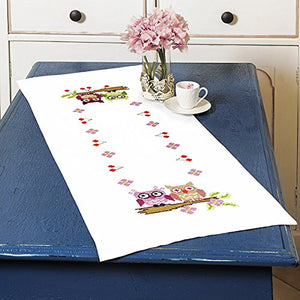 Stickpackung Verliebtes Eulenpaar Tischläufer 40x100 cm Kreuzstich vorgezeichnet Baumwolle komplettes Stickset mit Stickvorlage