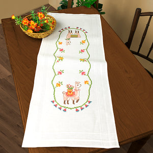 Stickpackung LAMA FAMILIE Tischläufer 40x100 cm Kreuzstich vorgezeichnet Baumwolle komplettes Stickset mit Stickvorlage
