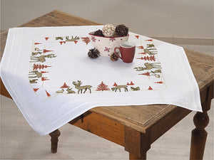 Stickpackung WALDTIERE Tischdecke 80x80 cm Kreuzstich vorgezeichnet Baumwolle komplettes Stickset mit Stickvorlage Weihnachten