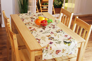 Tischläufer 40x140 cm " SCHMETTERLINGE AUF DER BLUMENWIESE " in creme mit zarten Pastelltönen