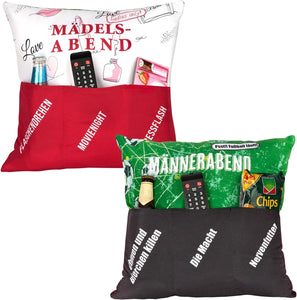 Dekokissen Wendekissen Mädelsabend + Männerabend Kissen mit 3 Taschen zum selber Befüllen Größe 43x43 cm tolles Geschenk Geburtstag