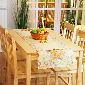 Tischläufer HASEN in BLUMENWIESE Frühling Ostern 40x140 cm Hasen Dekor Bunt Waschbar Küche Esstisch Tisch Dekoration