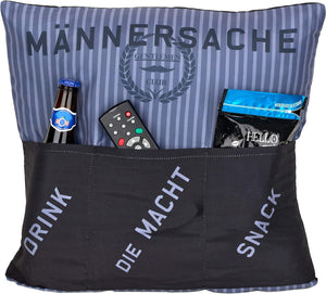 Dekokissen Männersache Kissen mit 3 Taschen zum selber Befüllen Größe 43x43 cm tolles Geschenk für einen gelungenen Sofaabend Filmabend