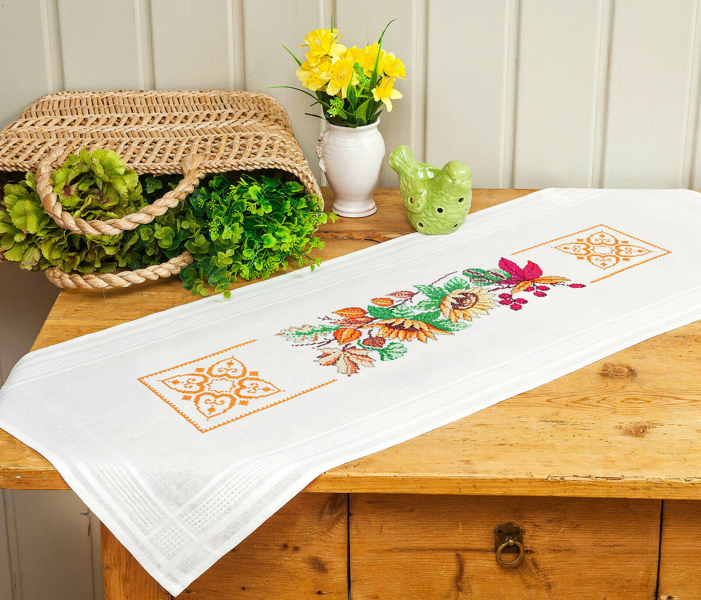 Stickpackung NATUR Kreuzstich vorgezeichnet Baumwolle Tischläufer 40x100 cm komplettes Stickset mit Stickvorlage