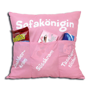 Originelles Dekokissen SOFAKÖNIGIN Kissen mit 3 Taschen zum selber Befüllen Größe 43x43 cm tolles Geschenk für ein gelungen Sofaabend Filmabend Öko Tex