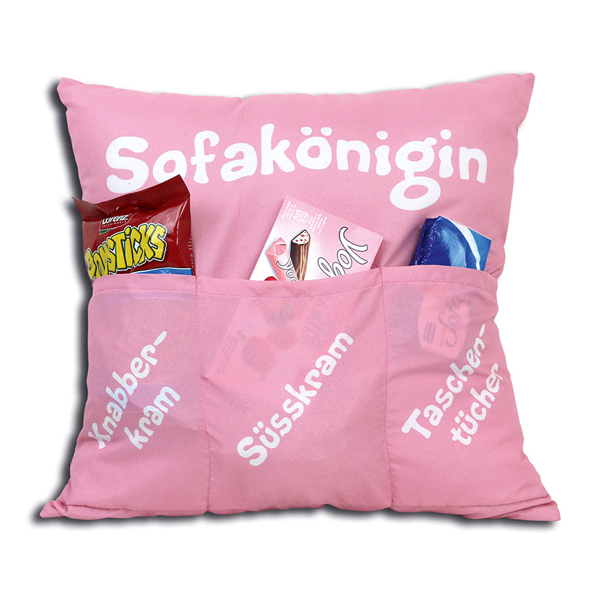 Originelles Dekokissen SOFAKÖNIGIN Kissen mit 3 Taschen zum selber Befüllen Größe 43x43 cm tolles Geschenk für ein gelungen Sofaabend Filmabend Öko Tex