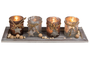 XL Holzteller mit LED Kerzen und Dekoration - Set aus 4 Glas Kerzenhaltern und 4 LED Teelichtern Winter Advent Weihnachten