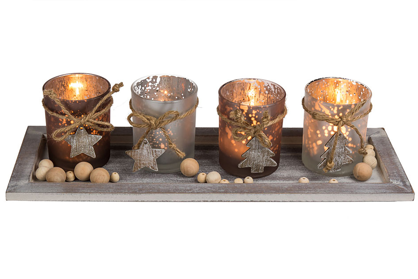 XL Holzteller mit LED Kerzen und Dekoration - Set aus 4 Glas Kerzenhaltern und 4 LED Teelichtern Winter Advent Weihnachten