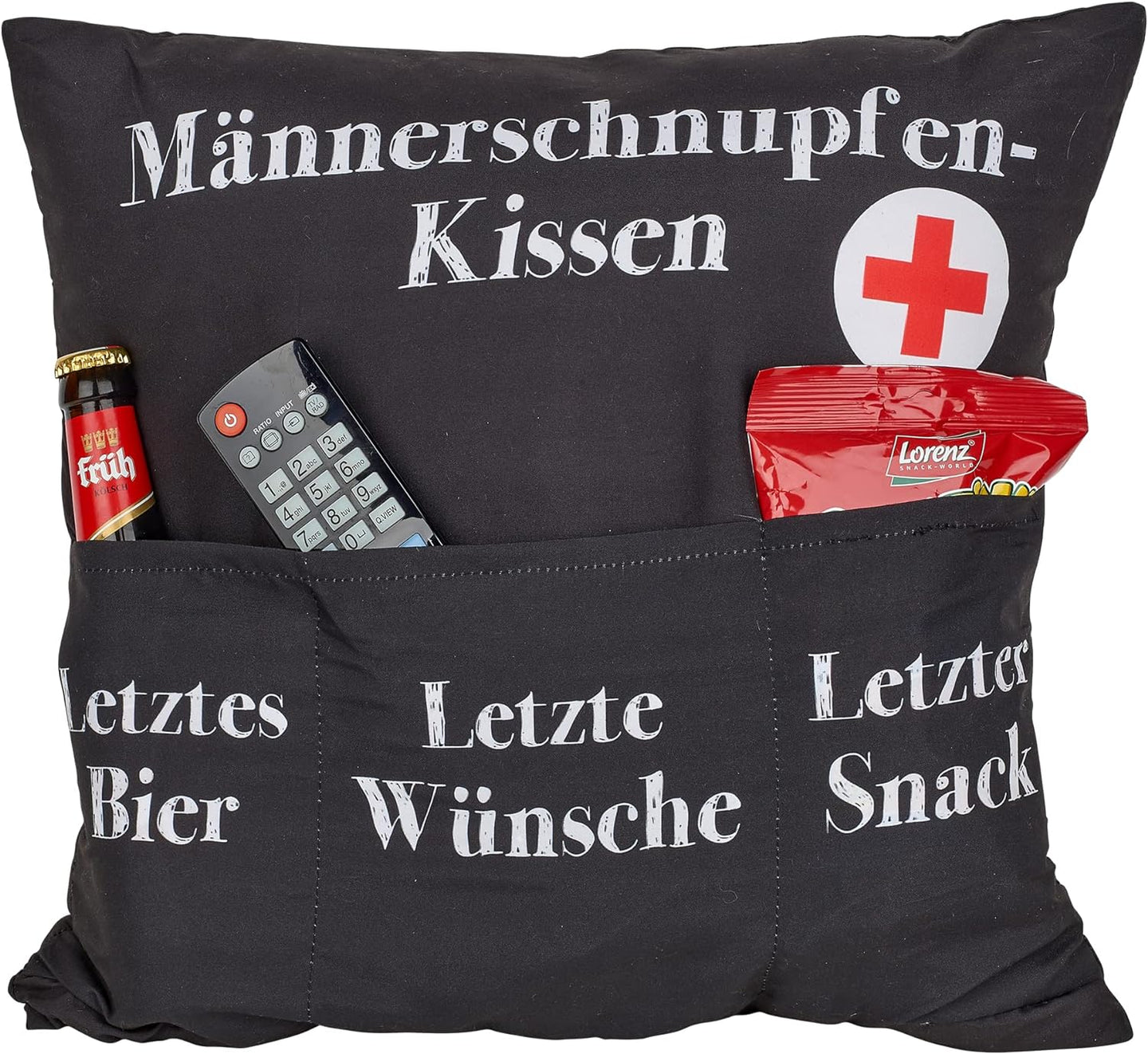 Dekokissen MÄNNERSCHNUPFEN Kissen mit 3 Taschen zum selber Befüllen Größe 43x43 cm tolles Geschenk für einen lieben Menschen