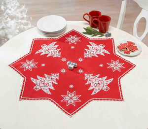 Luxus-Stickpackung WEIHNACHTS - ZAUBER in ROT in Sternen - Form mit SPITZE Stickdecke 75x75 cm Kreuzstich vorgezeichnet aus Baumwolle komplettes Stickset mit Stickvorlage